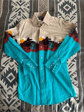 Panhandle Retro Turquoise & Tan Pearl Snap NWOT